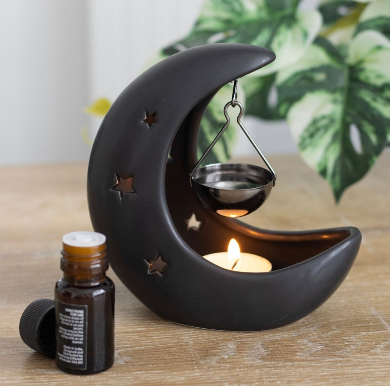 BLACK CRESCENT MOON HANGING OIL BURNER