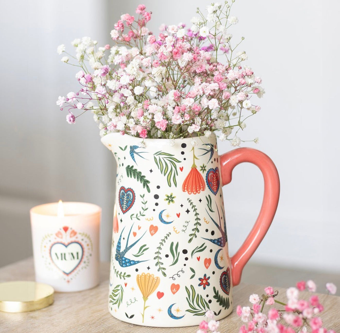 CREAM FOLK PRINT CERAMIC FLOWER JUG