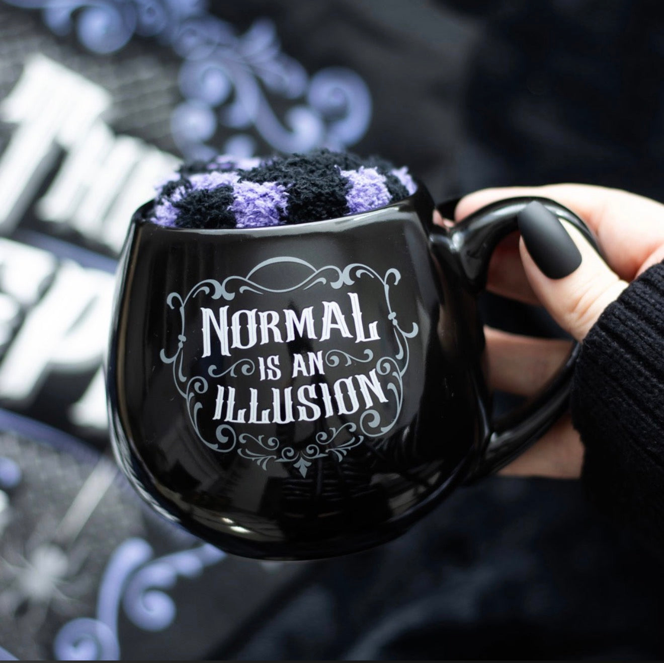 NORMAL IS AN ILLUSION GOTHIC MUG AND SOCKS SET