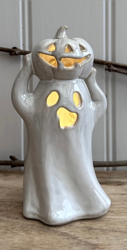 Porcelain Ghost & Pumpkin LED Ornament 17cm
