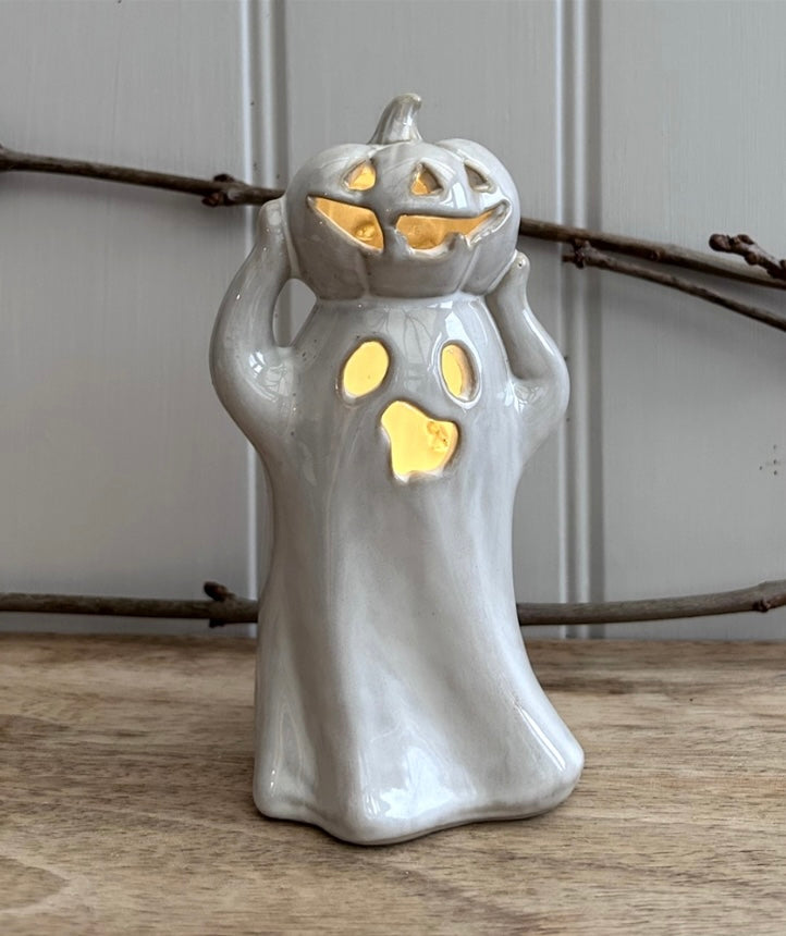 Porcelain Ghost & Pumpkin LED Ornament 17cm