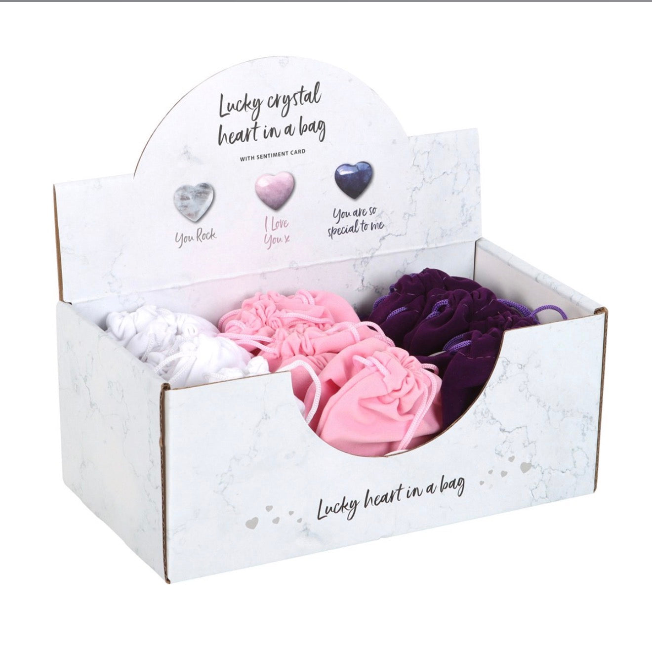 LUCKY CRYSTAL HEARTS AMETHYST, ROSE QUARTZ,CLEAR QUARTZ