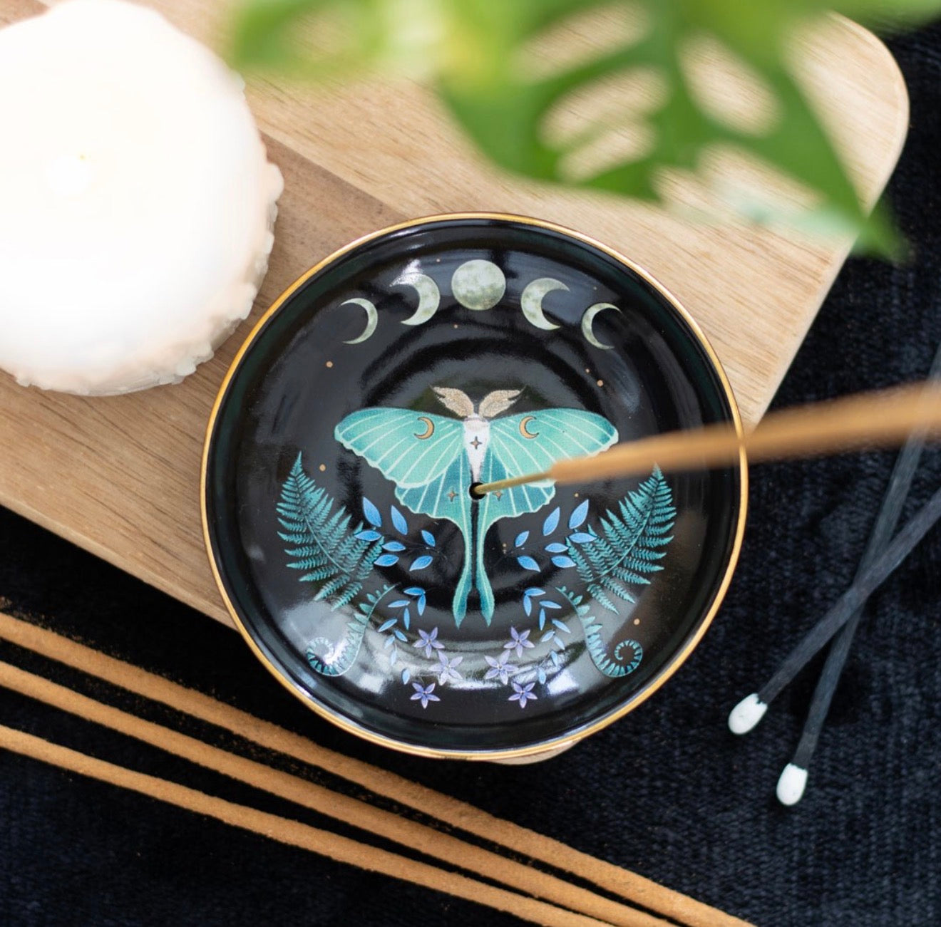 DARK FOREST LUNA MOTH CERAMIC INCENSE PLATE