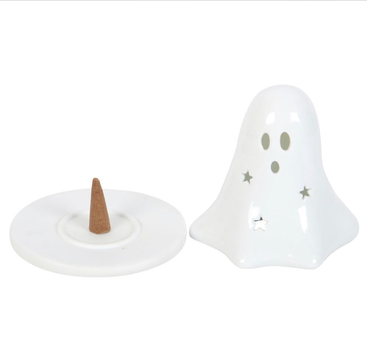CERAMIC GHOST TEALIGHT AND INCENSE CONE HOLDER