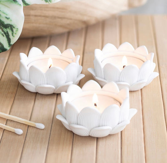 SET OF 3 OFF WHITE LOTUS FLOWER TEALIGHT HOLDERS