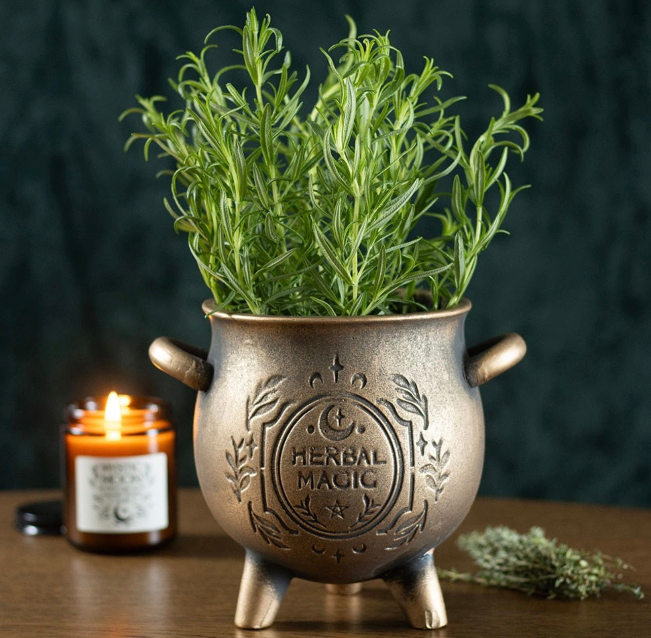 HERBAL MAGIC BRONZE EFFECT TERRACOTTA CAULDRON PLANT POT