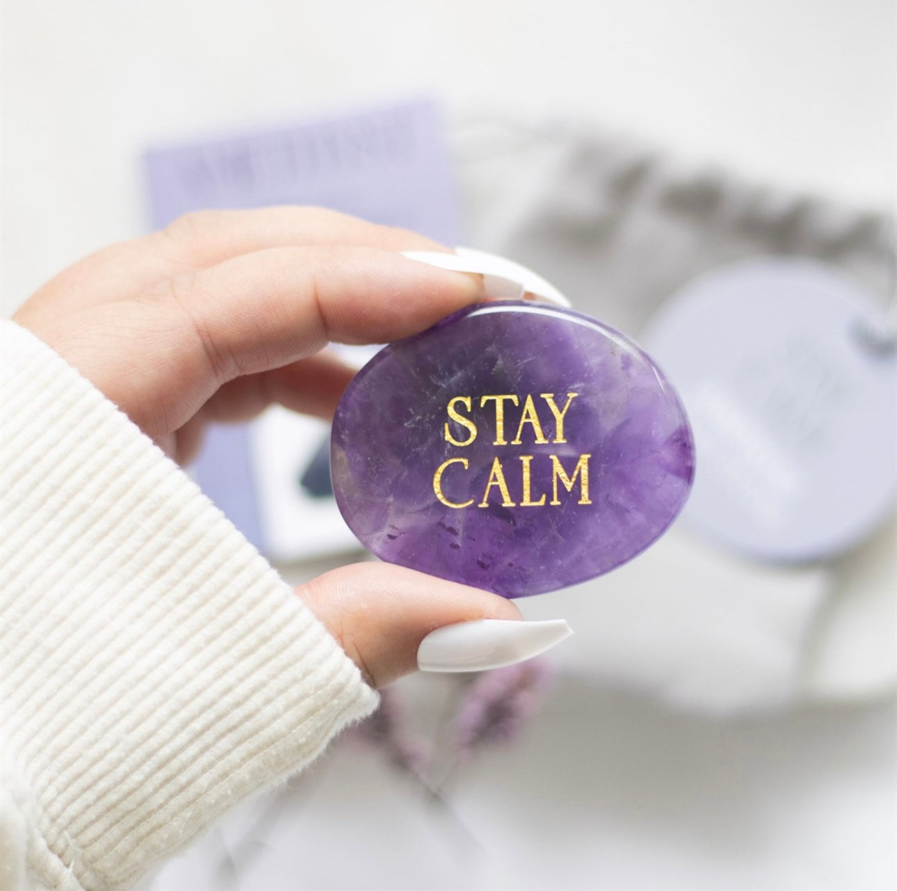 STAY CALM AMETHYST CRYSTAL PALM STONE