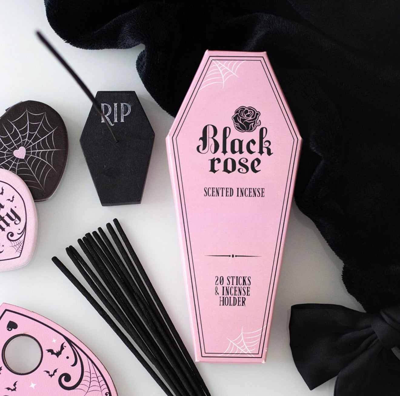 BLACK ROSE INCENSE STICK PACKS WITH COFFIN HOLDER
