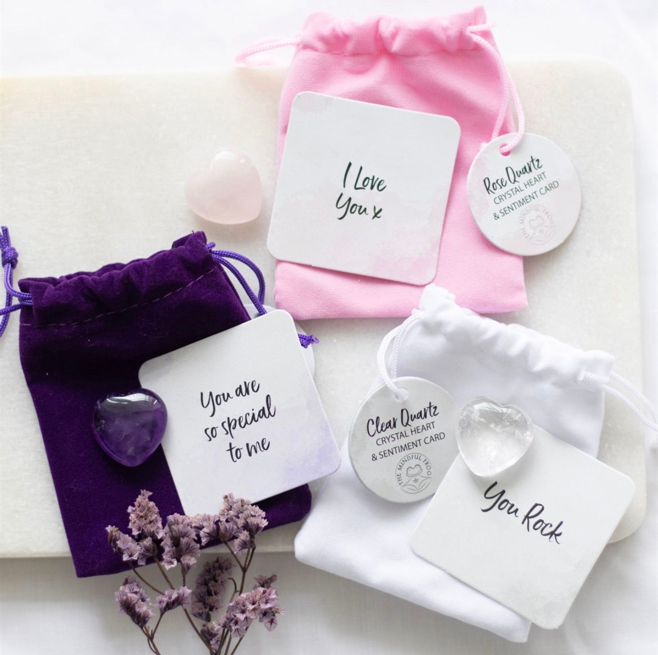 LUCKY CRYSTAL HEARTS AMETHYST, ROSE QUARTZ,CLEAR QUARTZ