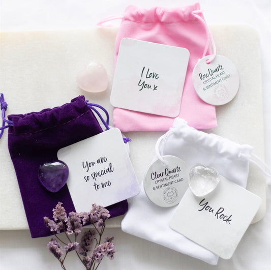 LUCKY CRYSTAL HEARTS AMETHYST, ROSE QUARTZ,CLEAR QUARTZ