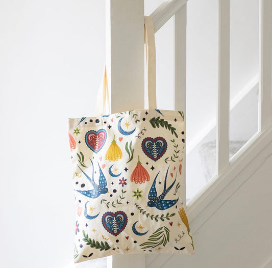 CREAM FOLK PRINT POLYCOTTON TOTE BAG