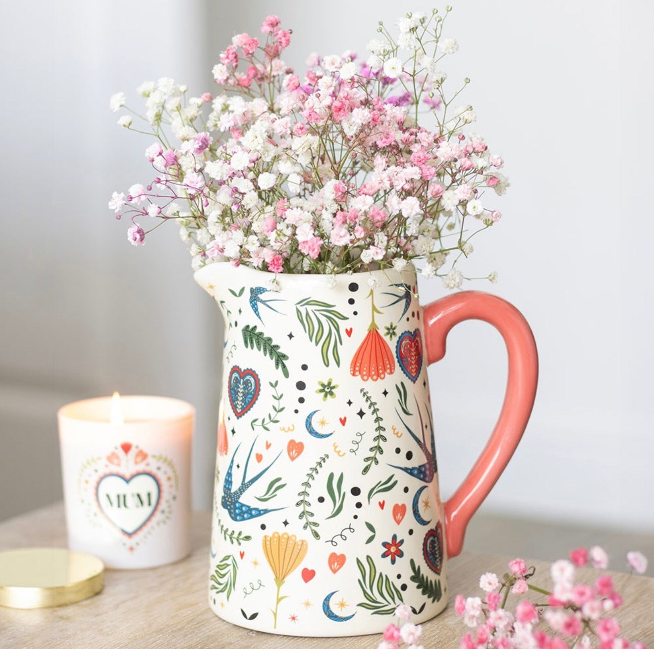 CREAM FOLK PRINT CERAMIC FLOWER JUG