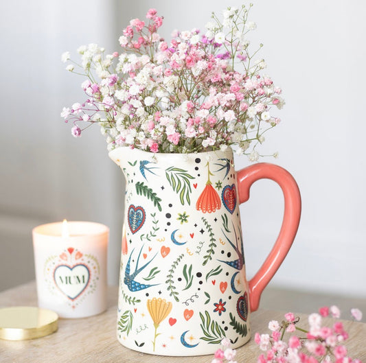 CREAM FOLK PRINT CERAMIC FLOWER JUG