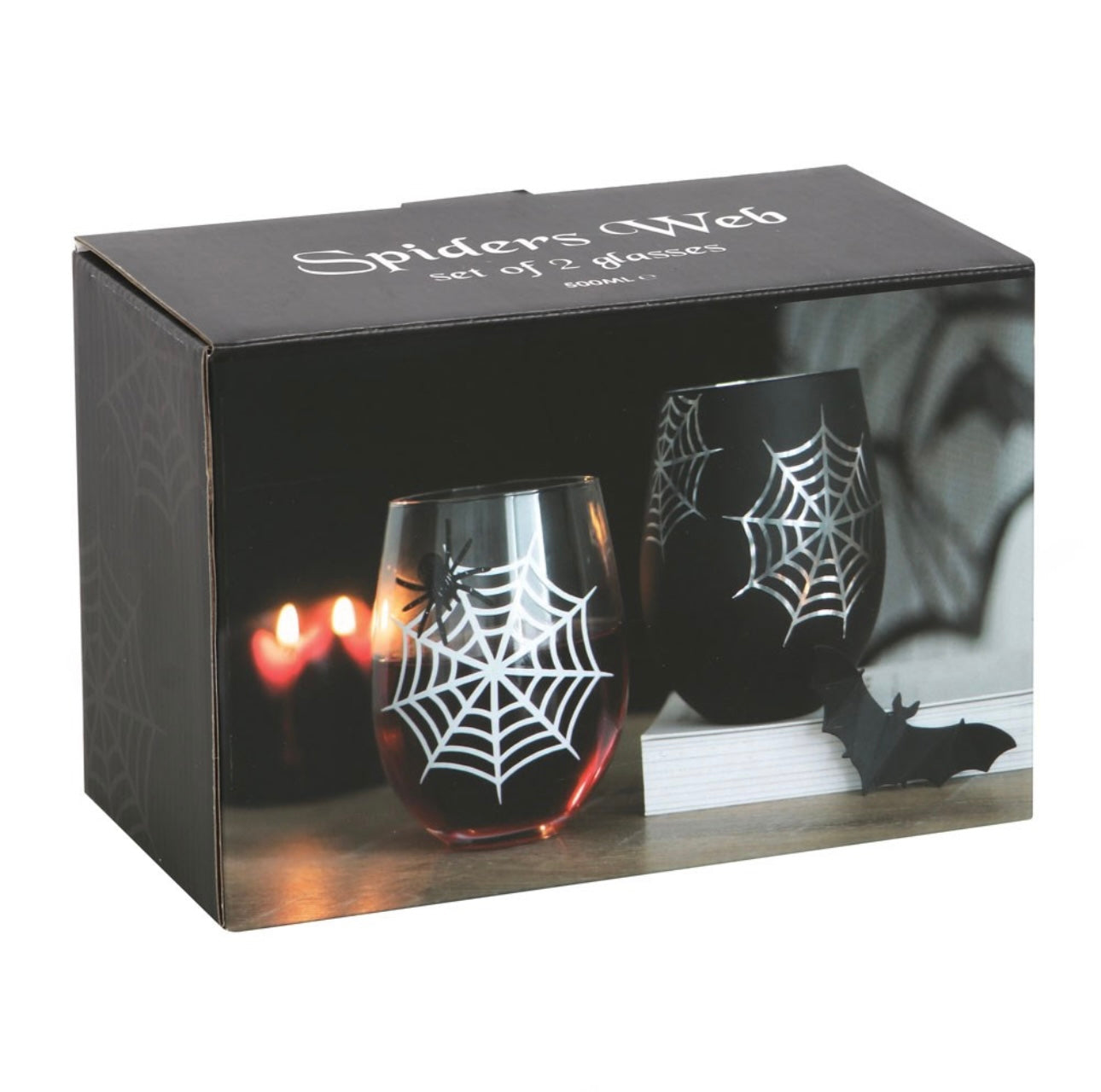 SET OF 2 SPIDER AND WEB STEMLESS WINE GLASSES TUMBLERS