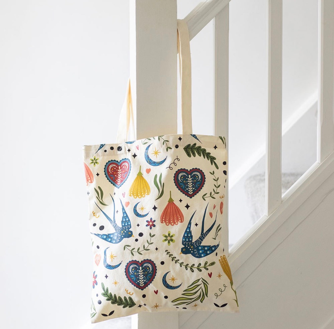 CREAM FOLK PRINT POLYCOTTON TOTE BAG