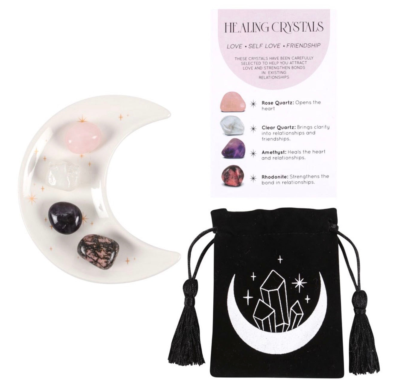 LOVE HEALING CRYSTAL SET WITH MOON TRINKET DISH