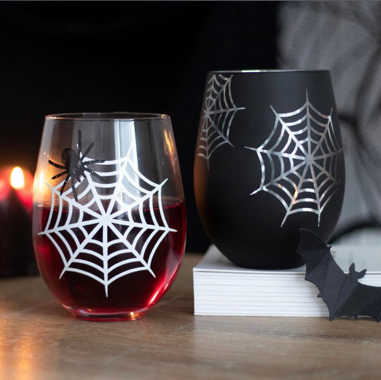 SET OF 2 SPIDER AND WEB STEMLESS WINE GLASSES TUMBLERS