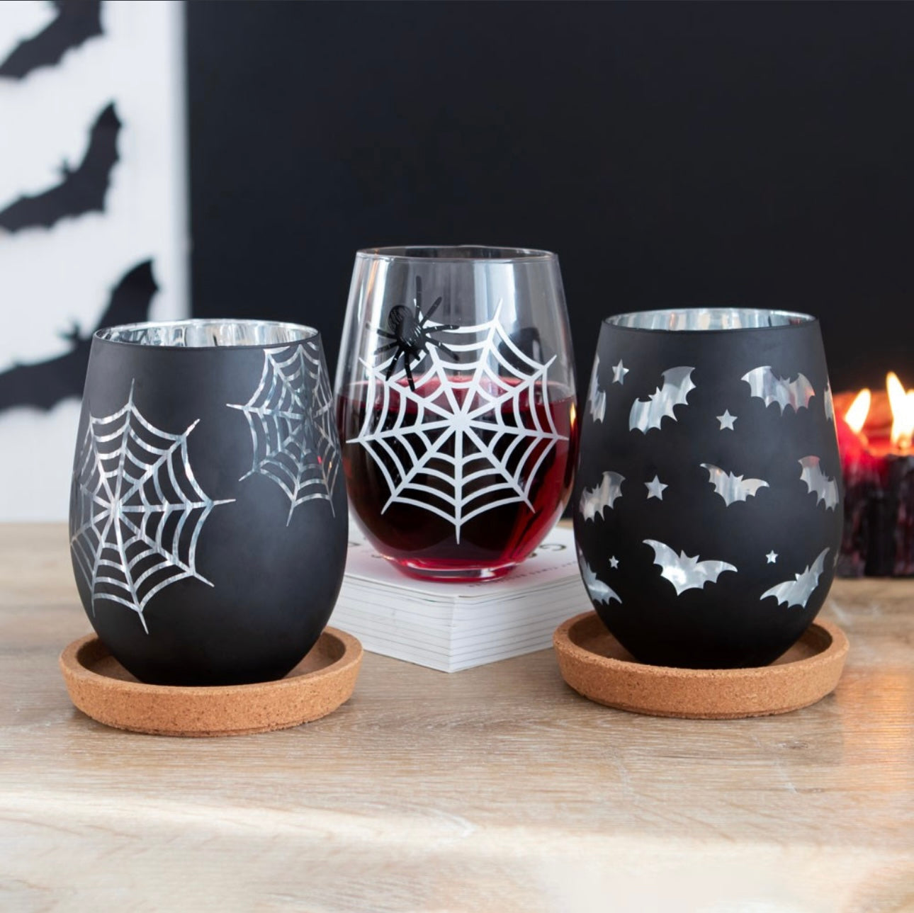 SET OF 2 SPIDER AND WEB STEMLESS WINE GLASSES TUMBLERS