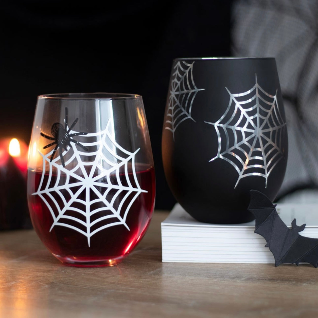 SET OF 2 SPIDER AND WEB STEMLESS WINE GLASSES TUMBLERS
