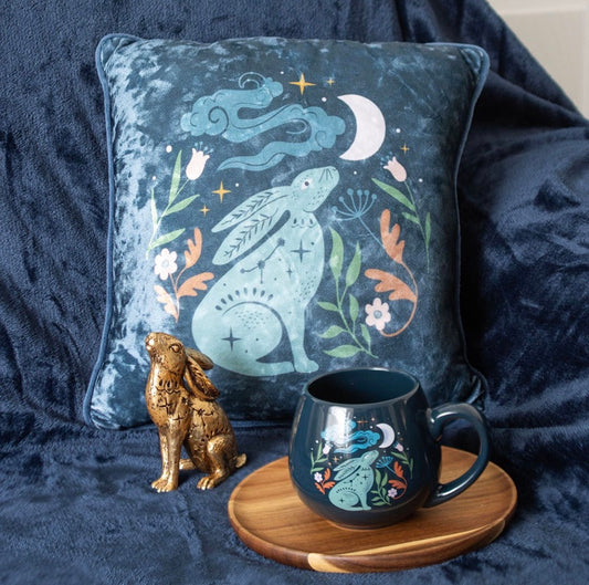 35CM SQUARE MIDNIGHT HARE MOON GAZING HARE CUSHION