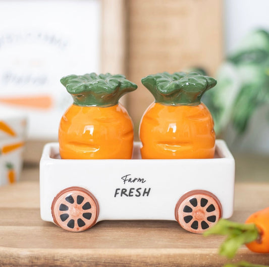 CARROT SALT AND PEPPER SHAKERS IN WAGON