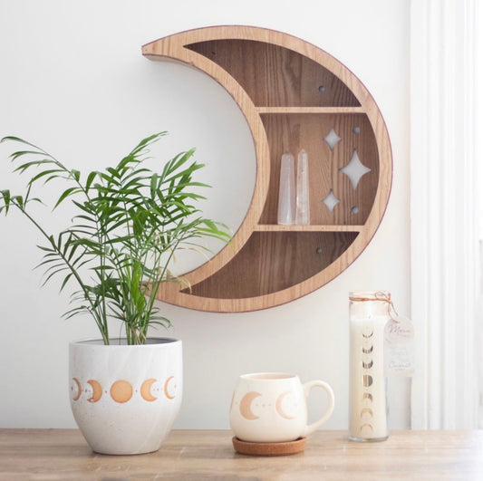 WOODEN CRESCENT MOON WALL SHELF