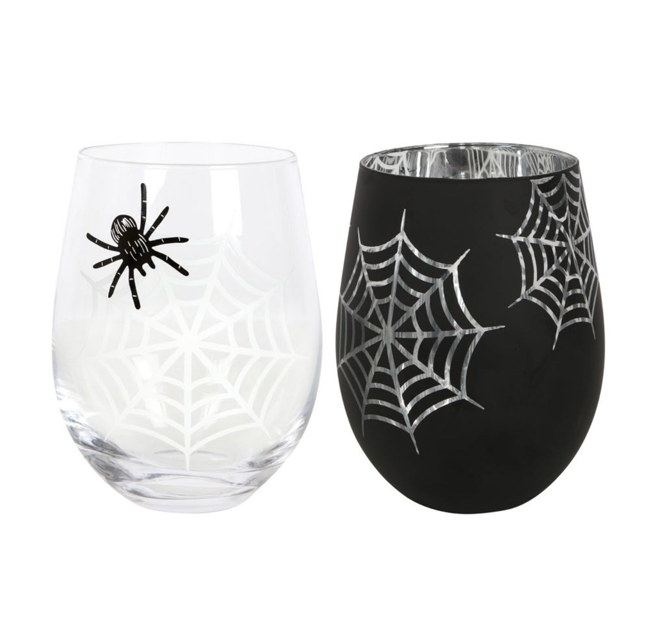 SET OF 2 SPIDER AND WEB STEMLESS WINE GLASSES TUMBLERS
