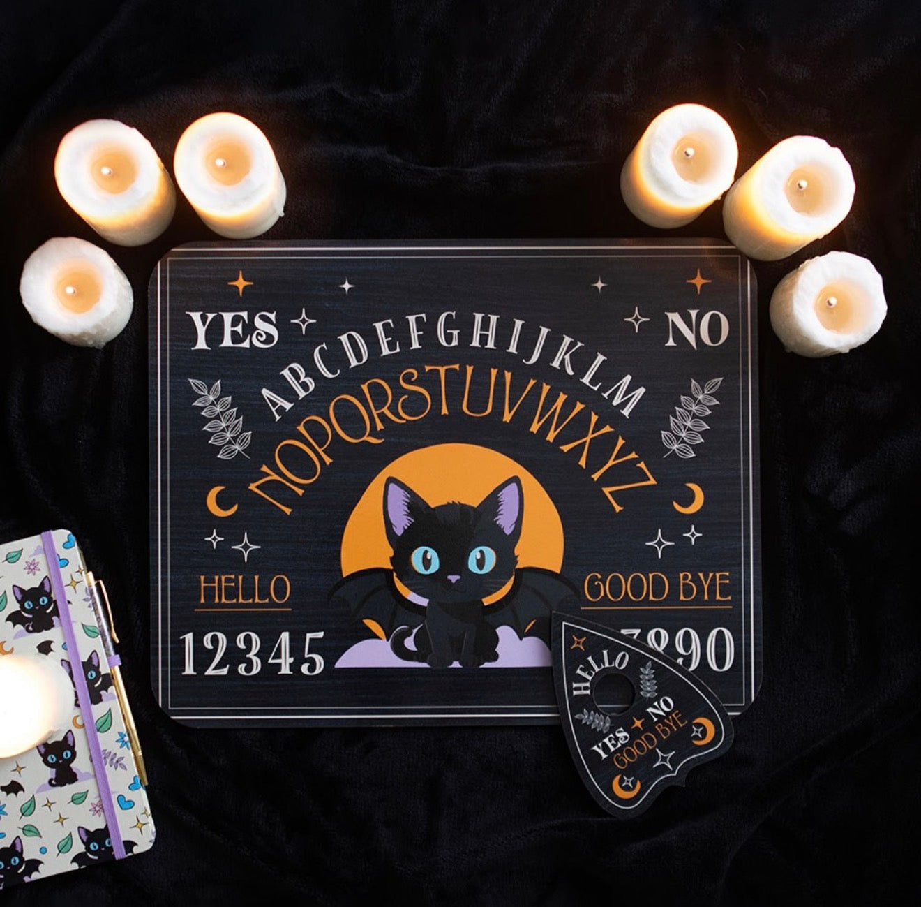 CUTE AND CREEPY BAT CAT TALKING BOARD WITH PLANCHETTE