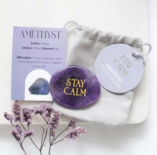 STAY CALM AMETHYST CRYSTAL PALM STONE