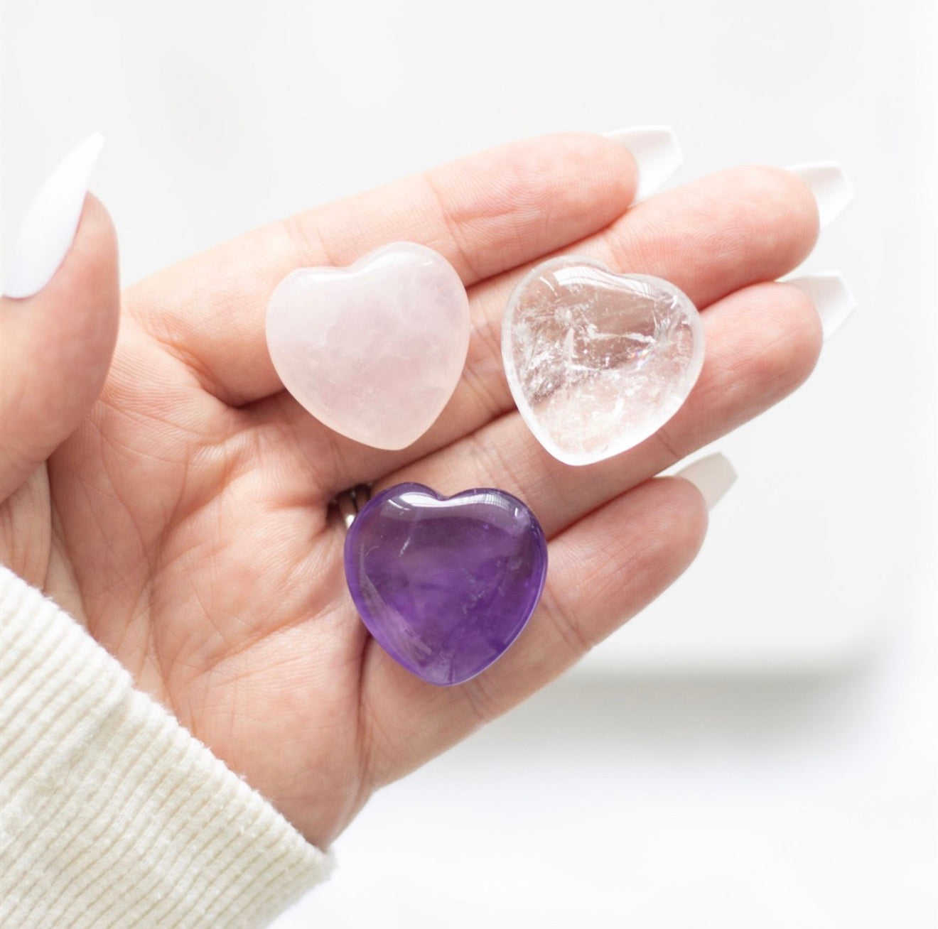 LUCKY CRYSTAL HEARTS AMETHYST, ROSE QUARTZ,CLEAR QUARTZ