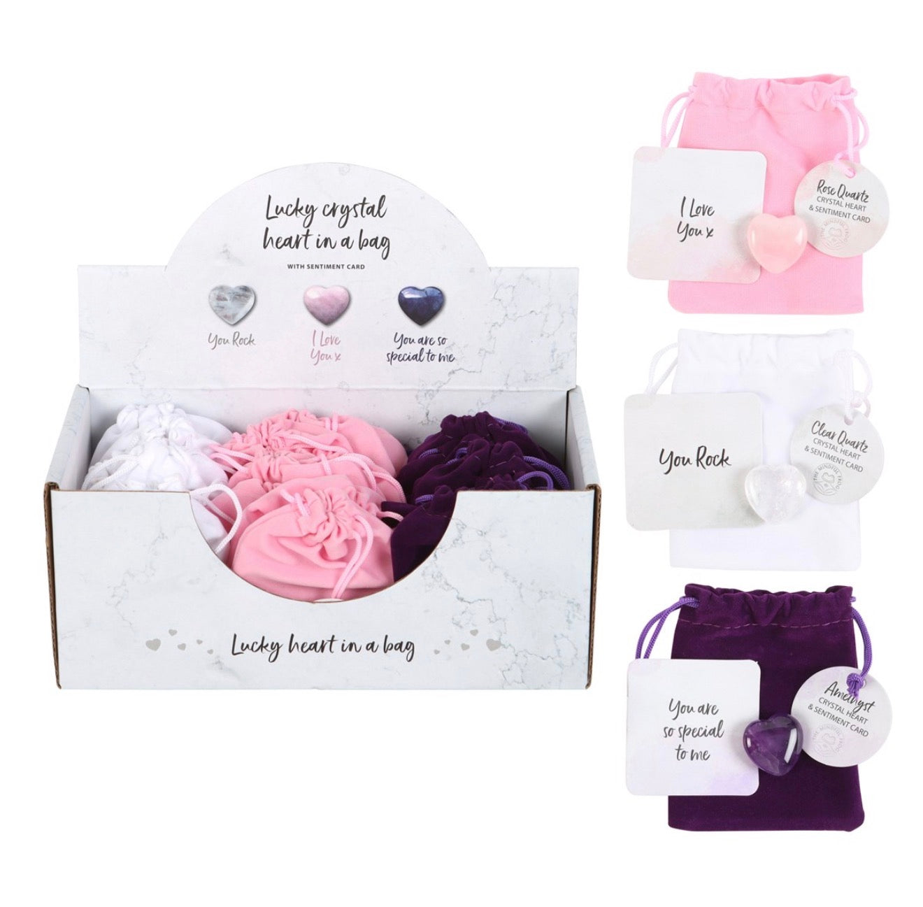 LUCKY CRYSTAL HEARTS AMETHYST, ROSE QUARTZ,CLEAR QUARTZ