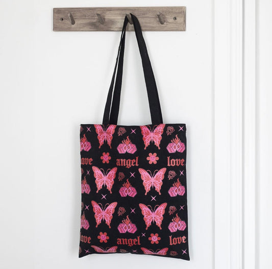 FLAMING BUTTERFLY PRINT POLYCOTTON TOTE BAG