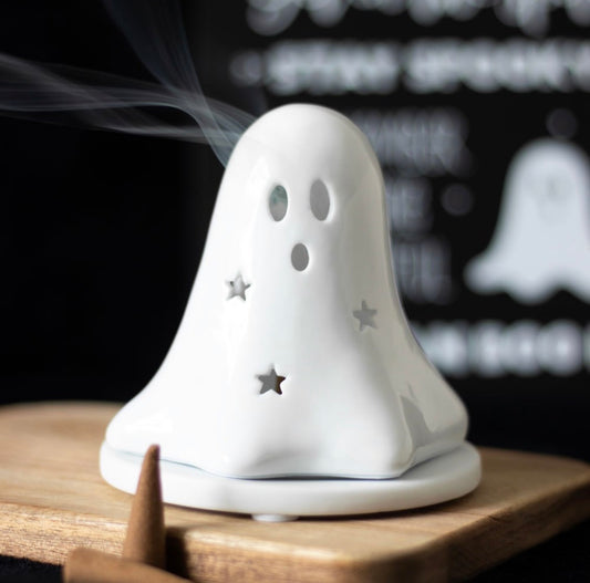 CERAMIC GHOST TEALIGHT AND INCENSE CONE HOLDER