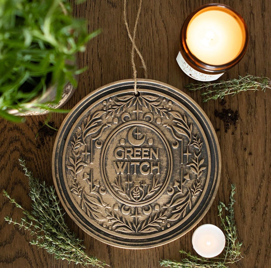 GREEN WITCH BRONZE EFFECT TERRACOTTA HANGING PLAQUE