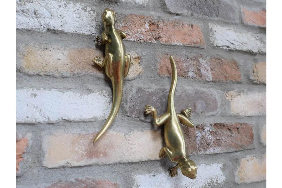 Set Of Two Gold Wall Climbing Lizards